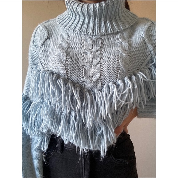 BABY BLUE KNIT SWEATER W/ FRINGE - Picture 1 of 6